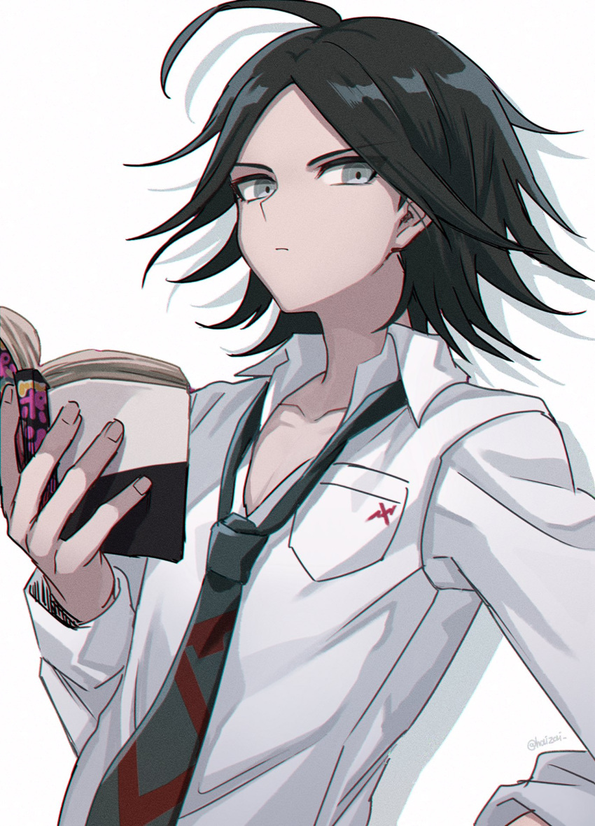 1boy ahoge bangs black_hair book breast_pocket brown_hair closed_mouth collarbone collared_shirt commentary_request danganronpa/zero danganronpa_(series) grey_eyes haizai hand_up highres holding holding_book long_sleeves looking_at_viewer male_focus matsuda_yasuke necktie open_book parted_bangs pocket shirt simple_background solo striped twitter_username upper_body white_background white_shirt