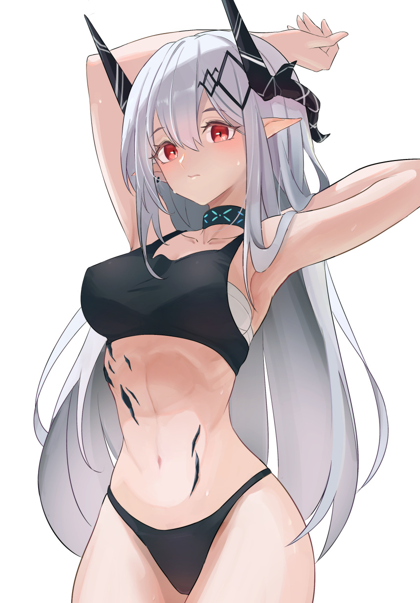 1girl absurdres arknights arm_above_head arm_behind_head bangs bare_shoulders bikini black_bikini black_choker breasts choker commentary covered_nipples cowboy_shot crop_top highres horns infection_monitor_(arknights) long_hair looking_at_viewer medium_breasts mudrock_(arknights) navel off_shoulder oripathy_lesion_(arknights) pointy_ears red_eyes sarashi shino_duka silver_hair solo sports_bra standing stomach sweat swimsuit