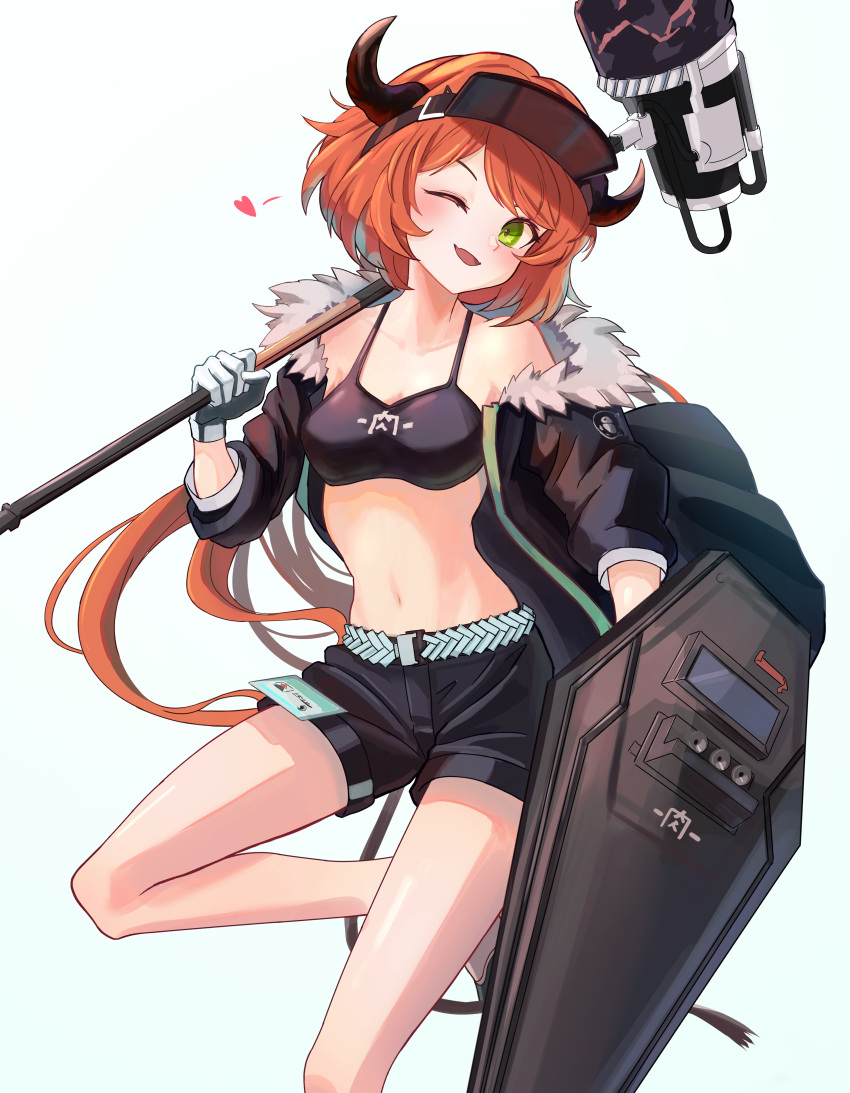 1girl :d absurdres ahoge aqua_background arknights bangs bare_shoulders black_gloves black_jacket black_shorts black_tank_top blush breasts cleavage collarbone commentary_request cow_horns croissant_(arknights) crop_top eyebrows_visible_through_hair fang floating_hair foot_out_of_frame full_body fur-trimmed_jacket fur_trim gloves green_eyes hair_between_eyes hammer heart highres holding holding_hammer holding_shield horns id_card jacket leg_up long_hair long_sleeves looking_at_viewer medium_breasts midriff navel off_shoulder one_eye_closed open_clothes open_mouth orange_hair penguin_logistics_logo shield shino_duka short_shorts shorts sidelocks simple_background skin_fang smile solo standing standing_on_one_leg tank_top two-tone_footwear two-tone_gloves white_footwear white_gloves