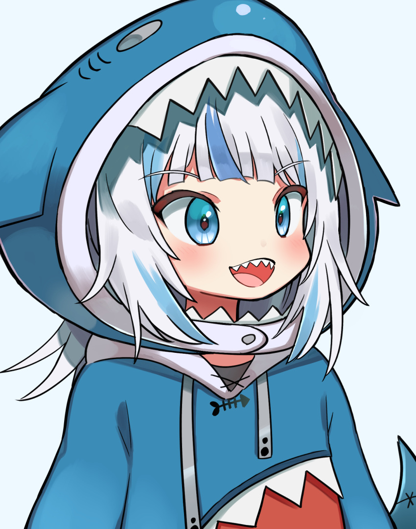 1girl a animal_hood bangs blue_eyes blue_hair blue_hoodie blunt_bangs gawr_gura highres hololive hololive_english hood hoodie hyou_(hyouga617) medium_hair multicolored_hair shark_girl shark_hood sharp_teeth silver_hair solo streaked_hair teeth two_side_up