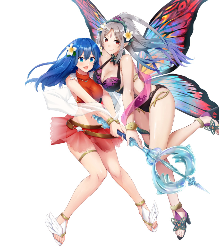 2girls bangs bare_shoulders belt bikini bikini_skirt blue_eyes blue_hair blush bracelet breasts caeda_(fire_emblem) cleavage cleavage_cutout clothing_cutout fairy_wings fire_emblem fire_emblem:_mystery_of_the_emblem fire_emblem_heroes full_body gradient gradient_hair grey_hair hair_ornament high_heels highres holding jewelry large_breasts leg_up long_hair medium_breasts midriff multicolored_hair multiple_girls navel official_art one-piece_swimsuit open_mouth plumeria_(fire_emblem) pointy_ears ponytail purple_hair red_eyes ryouma_(galley) sandals see-through shiny sidelocks smile stomach swimsuit thigh_strap thighs thorns tied_hair toes transparent_background wings