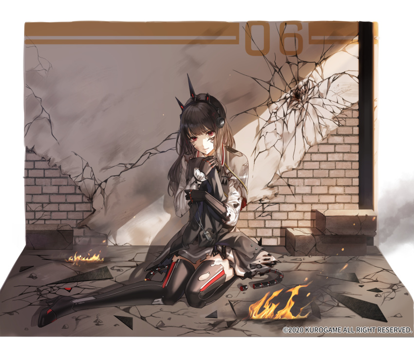 1girl bangs black_gloves black_hair boots broken_ground capelet dog_tags eyebrows_visible_through_hair gloves headgear high_heel_boots high_heels highres injury kim_eb long_hair looking_at_viewer punishing:_gray_raven red_eyes sitting solo standing thigh_boots thighhighs torn_clothes