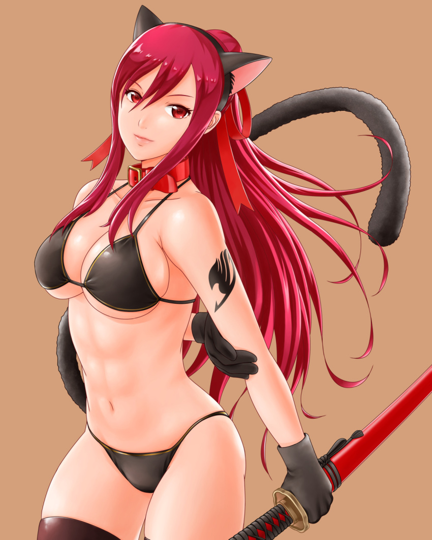 1girl ameisensou animal_collar animal_ears arm_behind_back arm_tattoo bangs bikini black_bikini black_gloves black_legwear breasts brown_background cat_ears cat_tail closed_mouth collar collarbone cowboy_shot erza_scarlet fairy_tail gloves hair_between_eyes hair_ribbon highres holding holding_sword holding_weapon katana large_breasts lips long_hair looking_at_viewer navel ponytail red_collar red_eyes red_hair red_ribbon ribbon sheath sheathed simple_background solo stomach swimsuit sword tail tattoo thighhighs weapon