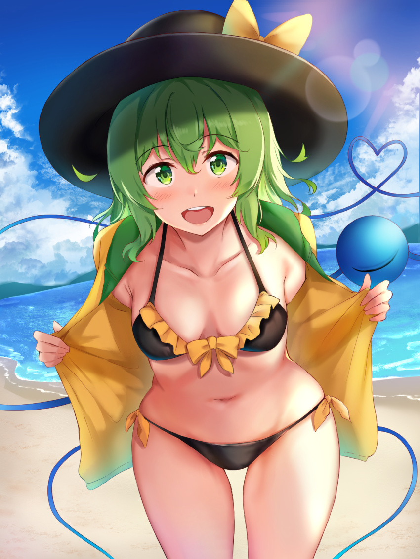 1girl :d beach bikini black_bikini black_bra black_headwear black_panties bra breasts collared_shirt cowboy_shot day frilled_bra frills green_eyes green_hair hair_between_eyes happy hat hat_ribbon heart heart_of_string highres komeiji_koishi leaning_forward looking_at_viewer medium_breasts medium_hair nagomian navel no_pants one_eye_closed open_clothes open_mouth open_shirt outdoors panties ribbon self_exposure shirt side-tie_bikini side-tie_panties smile solo swimsuit third_eye touhou underwear upper_body yellow_ribbon yellow_shirt