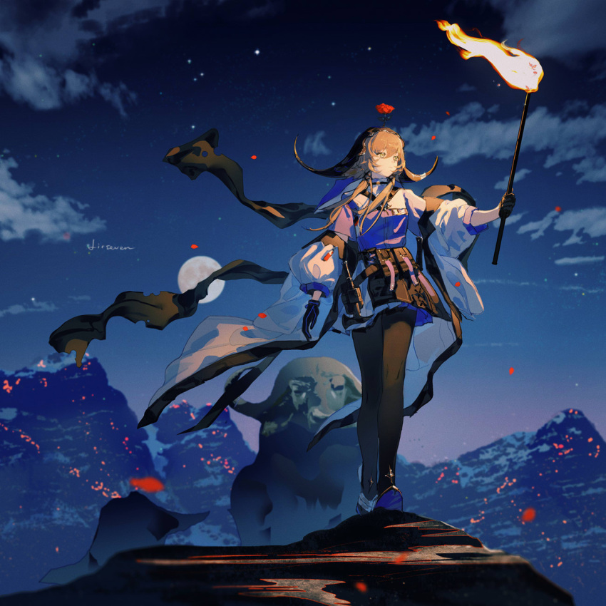 1girl animal arknights bangs black_gloves black_legwear blue_footwear blue_shirt buffalo cloud commentary english_commentary full_body full_moon gloves grey_hair grey_skirt hair_between_eyes highres holding holding_torch horns jacket lirseven long_hair moon open_clothes open_jacket pallas_(arknights) pantyhose petals shirt signature skirt solo standing star_(sky) torch