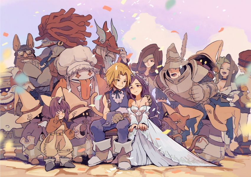 5girls 6+boys adelbert_steiner armor azukimomonaka baku_(ff9) beatrix_(ff9) black_mage blank blonde_hair brown_hair cinna confetti couple crying dress eiko_carol everyone eyepatch final_fantasy final_fantasy_ix freija_crescent garnet_til_alexandros_xvii good_end happy hat highres horns leaning_on_person marcus multiple_boys multiple_girls puck_(ff9) quina_quen ruby_(ff9) salamander_coral single_horn smile tears vivi_ornitier zidane_tribal