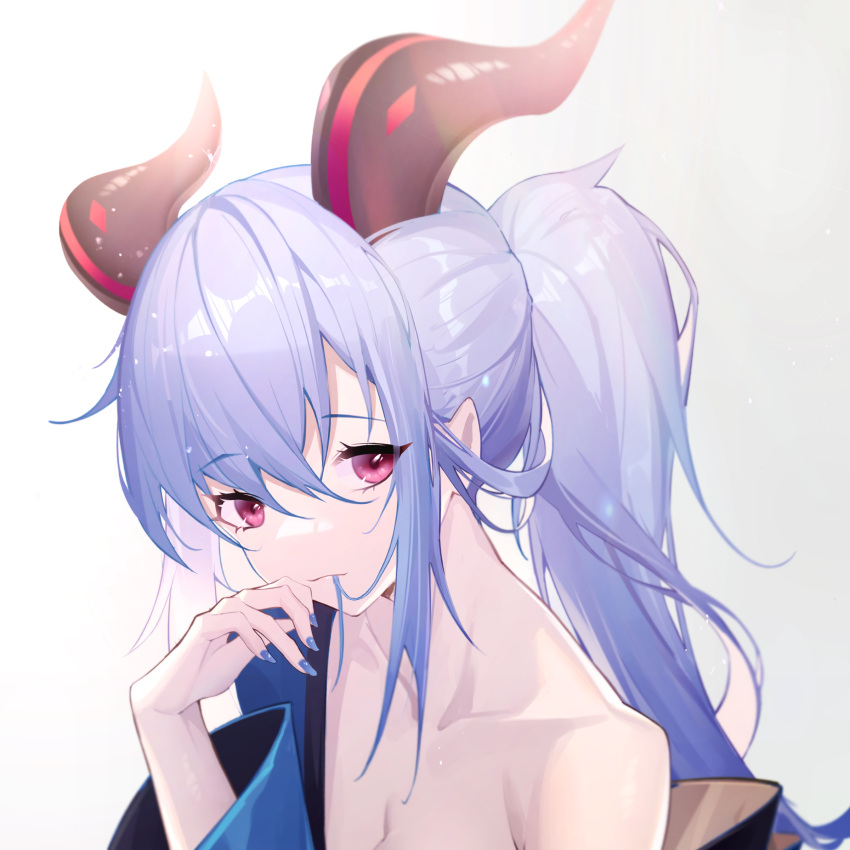 1girl absurdres bangs blue_hair blue_nails chinese_commentary closed_mouth collarbone commentary_request eyebrows_visible_through_hair ganyu_(genshin_impact) genshin_impact goat_horns hair_between_eyes hair_in_mouth hand_up highres horns long_hair long_sleeves looking_at_viewer nail_polish off_shoulder purple_eyes shimutsuki sidelocks simple_background solo twintails upper_body wide_sleeves
