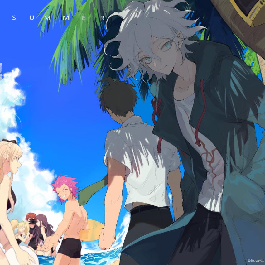 3boys 4girls ahoge alternate_costume ball bangs beachball belt black_belt black_bow black_male_swimwear black_pants black_swimsuit blonde_hair bow braid breasts brown_hair brown_pants camera coat collarbone cowboy_shot crown_braid danganronpa_(series) danganronpa_2:_goodbye_despair day from_behind green_coat grey_eyes grey_hair grin hair_between_eyes hair_bow hands_in_pockets hands_up highres hinata_hajime holding holding_ball holding_camera inuyama_(inuhill) koizumi_mahiru komaeda_nagito large_breasts long_hair looking_at_viewer male_swimwear medium_breasts multiple_boys multiple_girls ocean outdoors palm_tree pants pink_hair print_shirt purple_hair red_hair saionji_hiyoko sharp_teeth shirt short_hair side_braid smile sonia_nevermind souda_kazuichi swimsuit teeth tree tsumiki_mikan twintails twitter_username water white_shirt