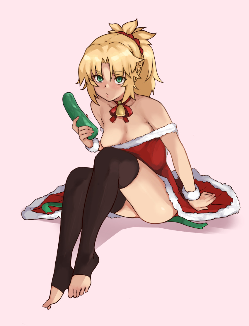 1girl absurdres bangs bell black_legwear blonde_hair breasts choker commentary dildo english_commentary eyebrows_visible_through_hair fate/apocrypha fate/grand_order fate_(series) full_body green_eyes highres holding holding_dildo mordred_(fate) mordred_(fate)_(all) ponytail ribbon santa_costume scrunchie sex_toy sidelocks simple_background sitting small_breasts solo thighhighs todding toes tomboy