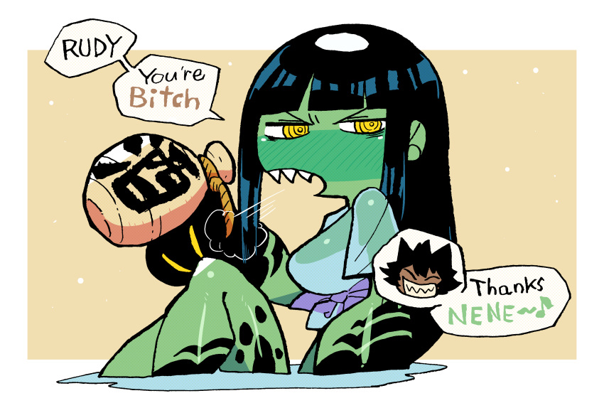 2girls absurdres black_hair black_skin blush colored_skin commentary drunk english_text gourd green_skin highres holding in_water kappa long_hair looking_at_viewer monster_girl multicolored multicolored_skin multiple_girls neneko_(rariatto) open_mouth original out_of_frame profanity rariatto_(ganguri) ringed_eyes rudy_(rariatto) sitting solo_focus two-tone_skin yellow_eyes