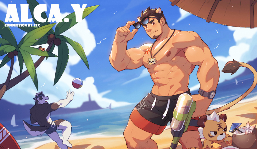 2boys abs absurdres alca animal_ears bara bare_pectorals beach beard black-framed_eyewear black_hair bulge commission contrapposto dark-skinned_male dark_skin day extra_ears eyewear_removed facial_hair goatee gyee highres holding holding_water_gun horkeu_kamui_(tokyo_houkago_summoners) large_pectorals leg_hair lion_boy lion_ears lion_tail looking_at_viewer male_focus male_swimwear mature_male multiple_boys muscular muscular_male navel navel_hair nipples original pectorals sand short_hair sideburns stomach stubble sunglasses sunlight swim_trunks tail thick_eyebrows thick_thighs thighs tokyo_houkago_summoners undercut water_gun zixiong_zix