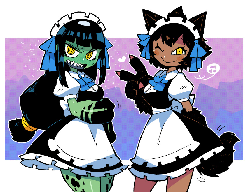 2girls absurdres alternate_costume animal_ears apron black_dress black_skin blue_hair blue_ribbon blush blush_stickers brown_hair closed_mouth colored_skin dark-skinned_female dark_skin dress embarrassed enmaided full-face_blush green_skin hair_ribbon hand_up heart highres long_hair looking_at_viewer low-tied_long_hair maid maid_day maid_headdress multicolored multicolored_skin multiple_girls musical_note neneko_(rariatto) one_eye_closed open_mouth original outline paws puffy_short_sleeves puffy_sleeves purple_background rariatto_(ganguri) ribbon ringed_eyes rudy_(rariatto) sharp_teeth short_sleeves smile spoken_musical_note standing tail teeth two-tone_skin upper_teeth v waist_apron white_apron white_outline wolf_ears wolf_tail yellow_eyes