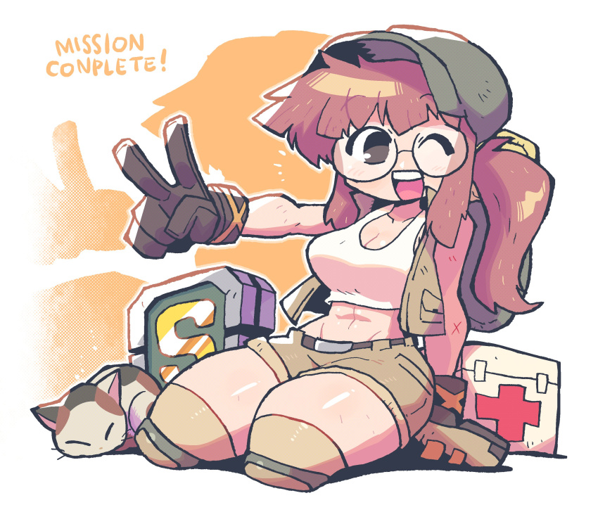 1girl :d absurdres backpack bag belt black_eyes boots breasts brown_gloves brown_hair cat cleavage commentary fio_germi first_aid_kit glasses gloves green_headwear grey_shorts hat highres knee_pads looking_at_viewer medium_breasts metal_slug midriff navel one_eye_closed open_mouth ponytail rariatto_(ganguri) round_eyewear seiza short_shorts shorts sitting smile solo tank_top upper_teeth v white_tank_top