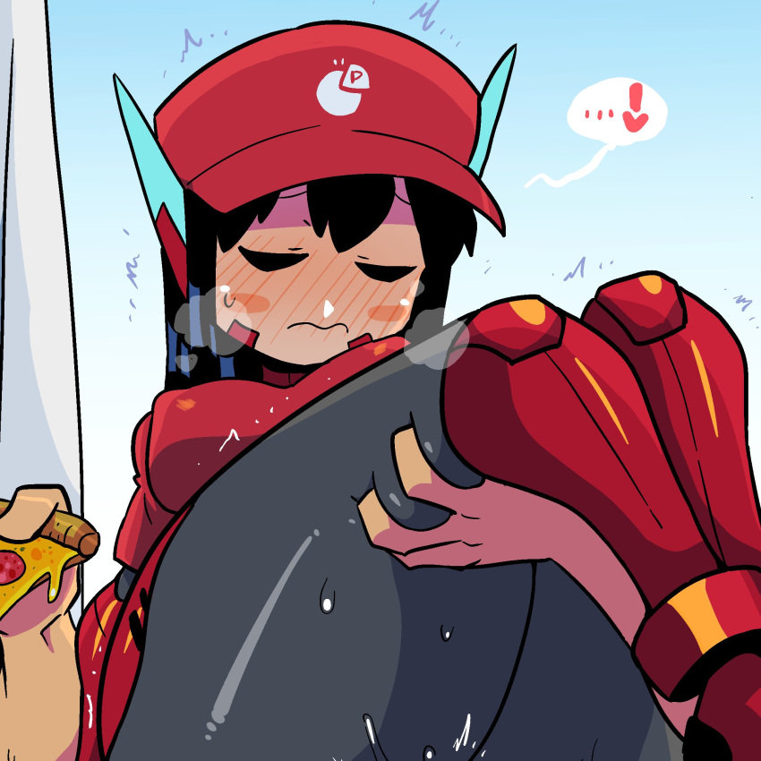 ! ... 1boy 1girl ^^^ asta_rindo baseball_cap black_hair blue_background blush blush_stickers bodysuit closed_eyes covered_nipples curtains deep_skin food full-face_blush hat heart hetero highres holding holding_food holding_pizza implied_sex legs_together long_hair original pizza pizza_delivery pizza_slice rariatto_(ganguri) red_headwear red_shirt reward_available shirt spoken_ellipsis spoken_exclamation_mark spoken_heart sweatdrop