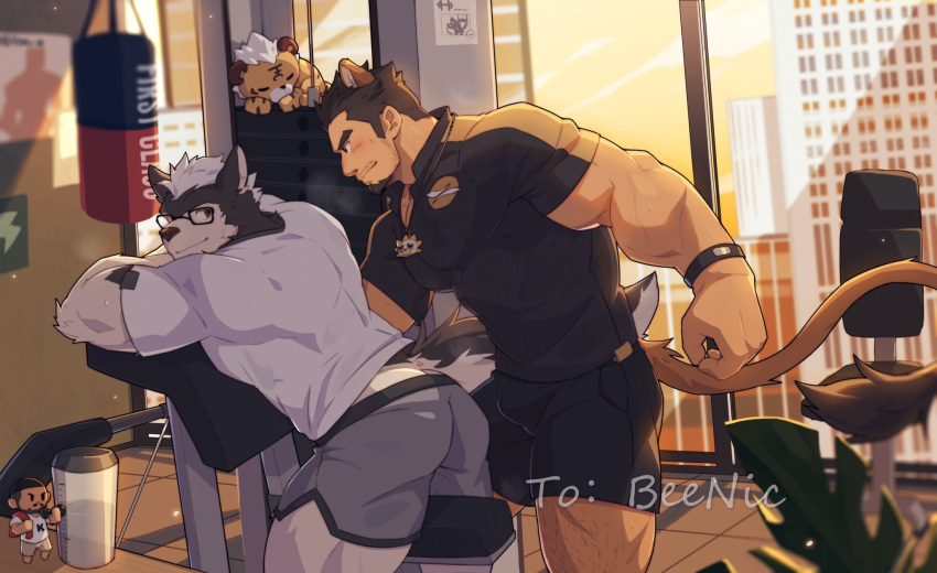 2boys alca animal_ears ass back bara beard black_hair black_shirt black_shorts blush bulge commission dog_boy dog_ears dog_tail dolphin_shorts extra_ears facial_hair from_side furry furry_with_non-furry glasses goatee grey_shorts gyee gym gym_shorts gym_uniform highres imminent_sex interspecies large_pectorals lion_boy lion_ears lion_tail long_sideburns looking_at_another male_focus mature_male multiple_boys muscular muscular_male original pectorals shirt short_hair shorts sideburns smile stubble sunset tail thick_eyebrows thick_thighs thighs tight tight_shirt undercut yaoi zixiong_zix