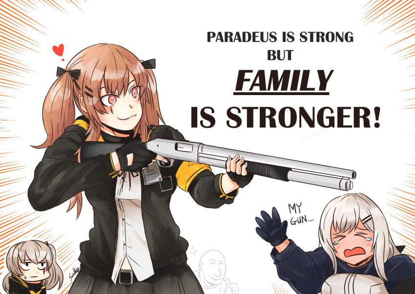&gt;_&lt; 1boy 3girls :3 dominic_toretto english_commentary english_text girls'_frontline heart highres m590_(girls'_frontline) meme mossberg_590 multiple_girls open_mouth scar scar_across_eye scull sweatdrop tears the_fast_and_the_furious thumbs_up trait_connection twintails ump45_(girls'_frontline) ump9_(girls'_frontline) vin_diesel