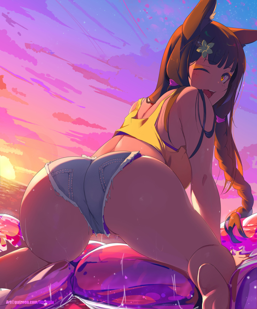 1girl animal_ears ass ass_focus barefoot bikini bikini_under_clothes black_hair braid breasts crop_top cutoffs denim denim_shorts english_commentary fang flower from_behind hair_flower hair_ornament highres innertube litchipix long_braid medium_breasts ocean one_eye_closed original purple_bikini shorts single_braid solo sunset swimsuit tank_top thighs upper_teeth vaporwave water wet