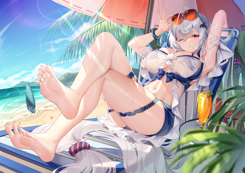1girl ;o adjusting_eyewear arknights arm_up armpits bangs bare_shoulders barefoot beach beach_chair beach_umbrella breasts chinese_commentary choker cleavage commentary_request crossed_legs eyewear_on_head hair_between_eyes hair_ornament highres large_breasts long_hair looking_at_viewer meion navel off-shoulder_shirt off_shoulder official_alternate_costume on_chair one_eye_closed orca_hair_ornament outdoors plant red_eyes shirt shorts silver_hair sitting skadi_(arknights) skadi_(waverider)_(arknights) skindentation solo stomach sunglasses surfboard swimsuit thigh_strap thighs tropical_drink umbrella very_long_hair white_shirt