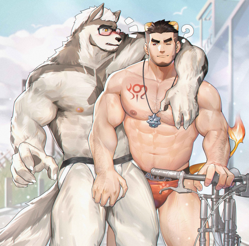 2boys ? abs alca animal_ears arm_hair bara beard bicycle black_hair blush chest_hair commission couple crotch_grab dog_boy dog_ears extra_ears facial_hair furry furry_with_non-furry glasses grabbing ground_vehicle gyee highres interspecies jewelry jockstrap large_pectorals lion_boy lion_ears lion_tail male_focus male_underwear mature_male multiple_boys muscular muscular_male navel necklace nipples original pectoral_grab pectorals peterhl red_male_underwear short_hair smile smirk stomach tail thick_eyebrows thighs undercut underwear underwear_only white_male_underwear yaoi