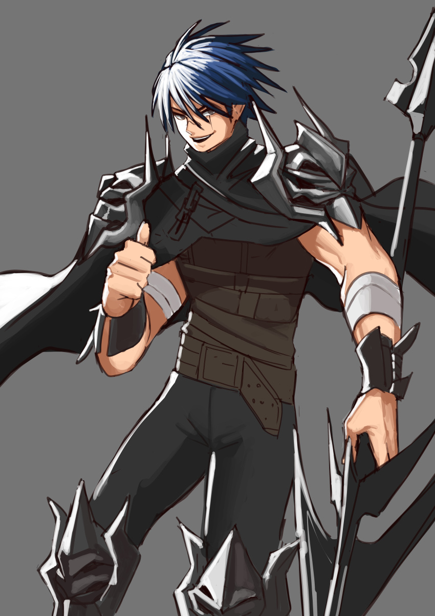 1boy :d absurdres black_cape black_pants blue_hair brown_eyes cape commentary demonic_lancer dungeon_and_fighter durandal_(dungeon_and_fighter) english_commentary grey_background hair_between_eyes highres holding holding_weapon looking_at_viewer male_focus open_mouth pants pointing pointing_at_self rktlek159 short_hair simple_background smile solo standing weapon wristband