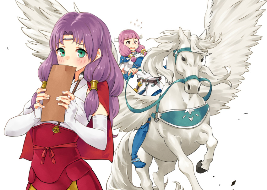 2girls bangs belt boots cosplay costume_switch detached_sleeves fire_emblem fire_emblem:_the_blazing_blade fire_emblem_fates florina_(fire_emblem) highres hime_cut igni_tion mitama_(fire_emblem) multiple_girls pegasus_knight pink_hair purple_hair star-shaped_pupils star_(symbol) symbol-shaped_pupils white_background