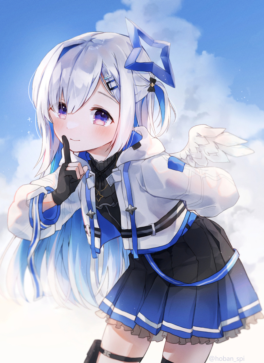 1girl amane_kanata arm_behind_back black_dress black_gloves blue_hair blue_sky blush closed_mouth cloud cloudy_sky commentary_request day dress feathered_wings finger_to_mouth frilled_dress frills gloves hair_ornament hairclip hand_up highres hololive hood hood_down hooded_jacket jacket leaning_forward long_hair long_sleeves multicolored_hair one_side_up open_clothes open_jacket outdoors partially_fingerless_gloves pleated_dress puffy_long_sleeves puffy_sleeves purple_eyes shushing silver_hair sky solo spi twitter_username two-tone_hair very_long_hair virtual_youtuber white_jacket white_wings wings