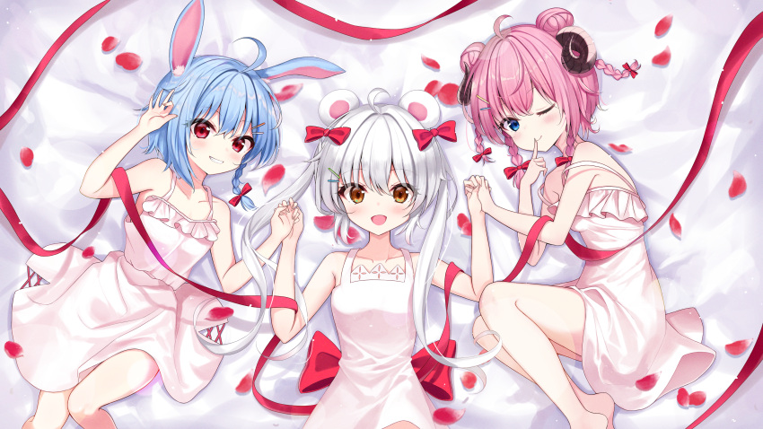 3girls absurdres ahoge animal_ear_fluff animal_ears arm_up bed blue_eyes blue_hair braid brown_eyes bunny_ears curled_horns double_bun dress finger_to_mouth grin hair_bun hair_ornament hairclip hand_on_own_head highres holding_hands horns huge_filesize knees_up lying multiple_girls on_back on_side one_eye_closed open_mouth original pink_hair quad_braids quad_tails rabbit_girl rangtori red_eyes ribbon short_dress short_hair silver_hair smile sundress twintails white_dress