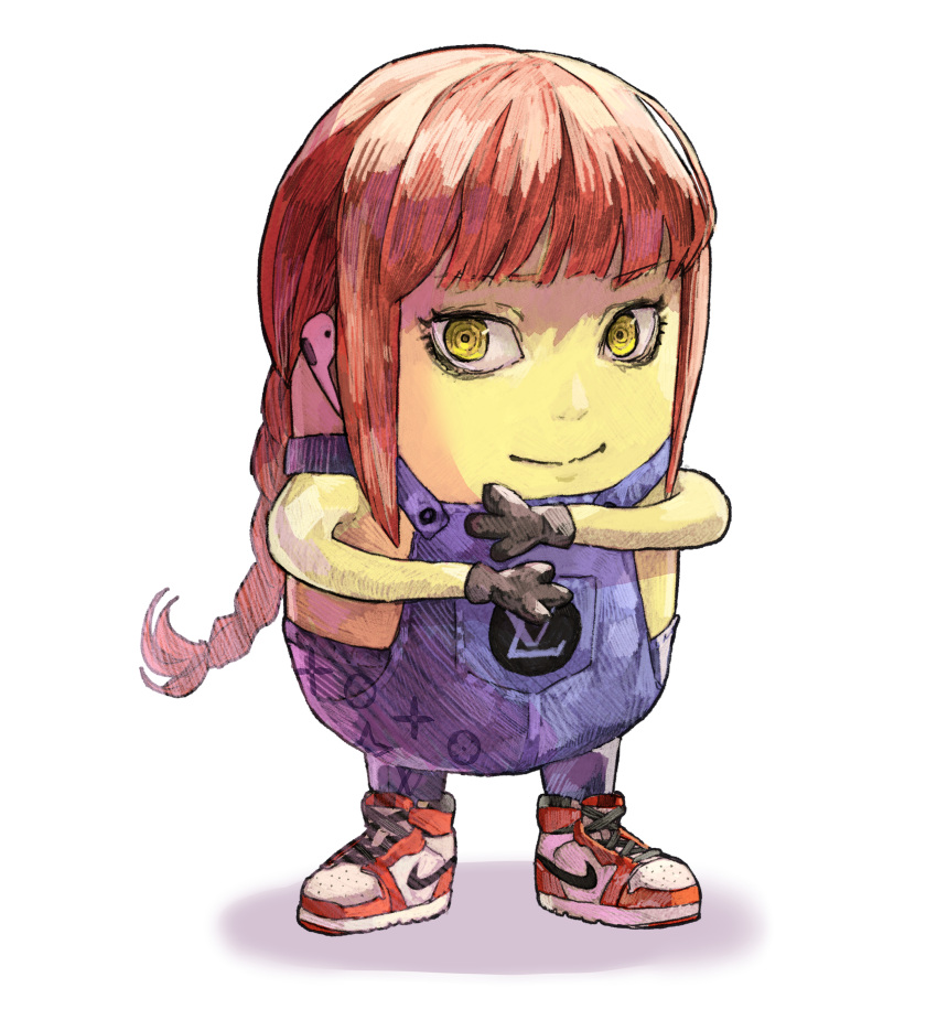 absurdres air_jordan air_jordan_1 airpods bangs black_gloves braid chainsaw_man commission despicable_me drip_(meme) english_commentary fusion gloves highres louis_vuitton_(brand) makima_(chainsaw_man) meme minion_(despicable_me) nike no_humans overalls parody red_hair shoes smile sneakers solo subakeye yellow_eyes