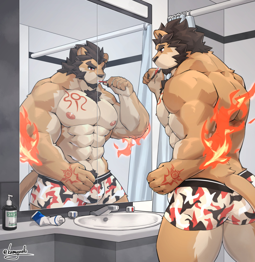 1boy abs alca animal_ears ass bara bathroom beard black_hair boxers brown_fur brushing_teeth bulge commission extra_ears facial_hair faucet fire furry gyee hand_tattoo indoors kamyuelo large_pectorals lion_boy lion_ears lion_tail male_focus male_underwear mirror muscular muscular_male navel navel_hair nipples original pectorals print_male_underwear reflection short_hair solo stomach tail thick_eyebrows thick_thighs thighs underwear underwear_only