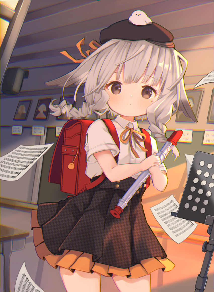 1girl animal_on_head azur_lane backpack bag beret bird black_headwear black_skirt blush braid brown_eyes brown_ribbon closed_mouth collared_shirt commentary_request dress_shirt grey_hair hat highres holding holding_instrument houndstooth indoors instrument kazagumo_(azur_lane) ko_ume_39 long_hair looking_at_viewer mole mole_under_eye neck_ribbon on_head pleated_skirt randoseru recorder ribbon sheet_music shirt short_sleeves skirt solo twin_braids white_shirt