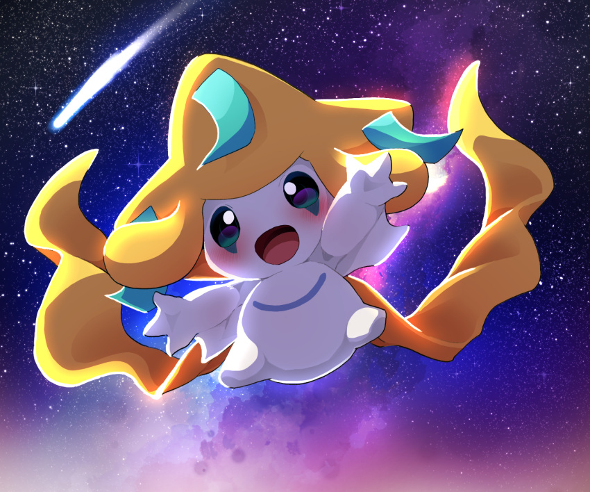 :d blush comet commentary_request dagashi_(daga2626) full_body gen_3_pokemon happy highres jirachi looking_at_viewer mythical_pokemon no_humans open_mouth outdoors outstretched_arms pokemon pokemon_(creature) sky smile space star_(sky) tongue