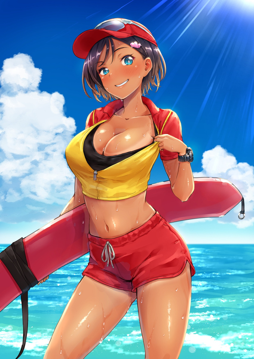 bare_legs beach blue_eyes blush breasts cleavage clothes_pull clothing_cutout crop_top dark-skinned_female dark_skin eyebrows_visible_through_hair eyewear_on_head grin gym_shorts hair_ornament hairpin hat highres large_breasts lifebuoy lifeguard looking_at_viewer navel navel_cutout original partially_undressed partially_unzipped pose raised_eyebrows red_shorts seductive_smile shiny shiny_skin shirt_pull short_hair short_shorts shorts smile sports_bra sunglasses sweat sweatdrop tan tanline thermidor0728 thick_thighs thighs unzipped zipper