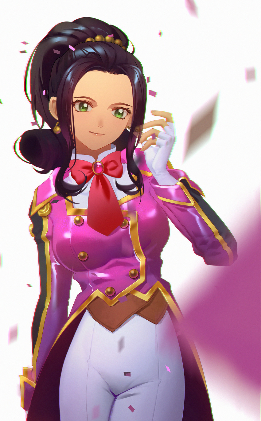 1girl absurdres black_hair blurry blurry_foreground bow bowtie closed_mouth cowboy_shot earrings fingerless_gloves gloves green_eyes hair_intakes hair_ornament high_ponytail highres jacket jewelry long_hair long_sleeves pants pink_jacket red_bow red_neckwear sakura-wars sakura_taisen_ii shiny shiny_hair smile soletta_orihime solo standing uniform white_background white_gloves white_pants