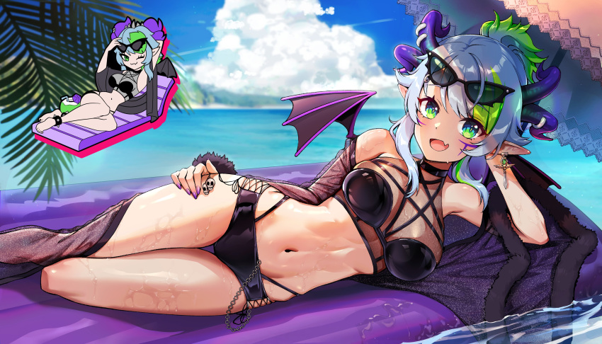 1girl :3 absurdres ahoge arm_support armpit_crease bare_shoulders beach bikini black_bikini blue_hair blurry blurry_background breasts bsapricot_(vtuber) chain chibi chibi_inset choker cloak cloud cloudy_sky commission cross-laced_bikini cross-laced_clothes demon_wings earrings eyewear_on_head facial_mark fang feet_out_of_frame foxyreine gradient_hair green_eyes green_hair halter_top halterneck hand_on_own_thigh highleg highres horn_piercing horns inflatable_raft jewelry lich linea_alba looking_at_viewer lying medium_breasts mini_wings multicolored_hair multiple_horns nail_polish navel ocean on_side open_mouth palm_leaf parasol pointy_ears purple_horns purple_nails see-through shiny shiny_clothes short_hair_with_long_locks sidelocks skin_fang skindentation skull_ornament sky smile streaked_hair sunglasses swimsuit sword_earrings thigh_gap umbrella virtual_youtuber vshojo wet wings