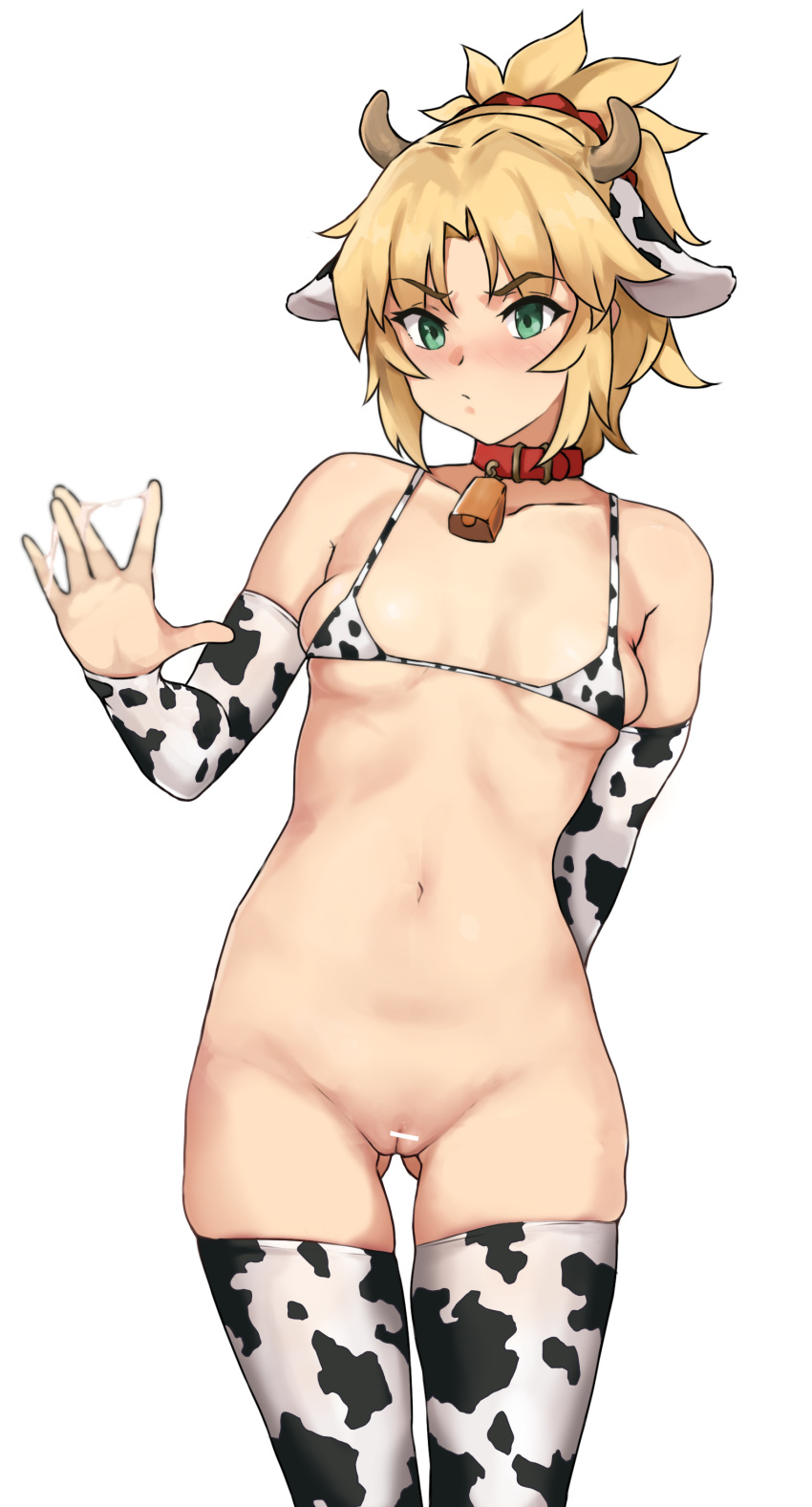 1girl absurdres animal_ears arm_behind_back ass_visible_through_thighs bangs bar_censor bell bikini bikini_top blonde_hair blush braid breasts censored collar collarbone cow_ears cow_horns cowbell english_commentary eyebrows_visible_through_hair fake_animal_ears fake_horns fate/apocrypha fate/grand_order fate_(series) french_braid green_eyes hair_ornament hair_scrunchie highres horns long_hair looking_at_viewer mordred_(fate) mordred_(fate)_(all) navel open_mouth ponytail pussy red_scrunchie scrunchie simple_background small_breasts solo suggestive_fluid swimsuit thighhighs todding white_background