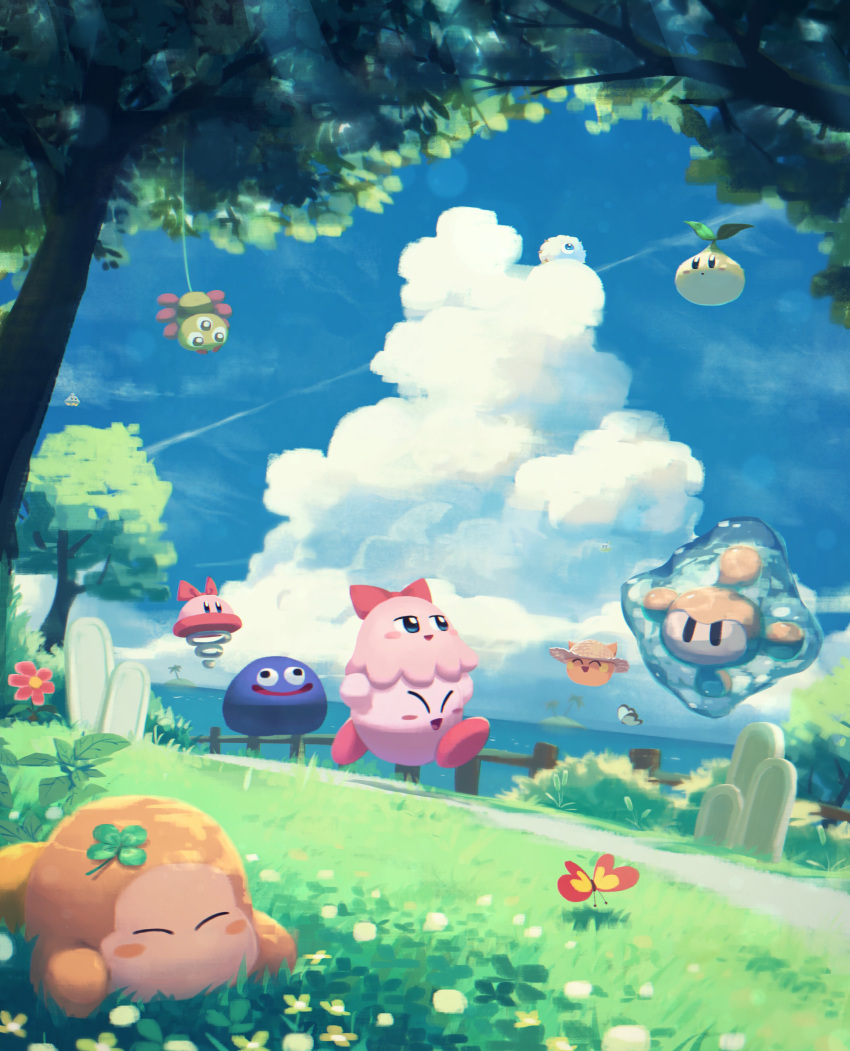 absurdres blue_eyes blue_sky blush_stickers bouncy_(kirby) bug bush butterfly cattail chuchu_(kirby) cloud clover como_(kirby) floaty_the_cell_core_(kirby) flower foley_(kirby) four-leaf_clover gooey grass highres insect island kirby kirby_(series) kracko leaf ocean palm_tree plant scarfy sky smile suyasuyabi tree ufo_(kirby) waddle_dee wall-eyed