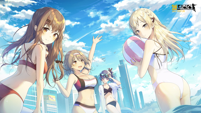 4girls :d alpha_(ypalpha79) arm_up ass back ball bare_arms bare_shoulders beachball bikini bird black_bikini blonde_hair blue_sky blush braid breasts brown_eyes brown_hair building casual_one-piece_swimsuit city cleavage closed_mouth cloud collarbone commentary_request copyright_name country_connection crown_braid day eyewear_on_head girls'_frontline hairband hand_on_eyewear heterochromia highres holding holding_ball innertube k11_(girls'_frontline) k2_(girls'_frontline) k3_(girls'_frontline) k5_(girls'_frontline) korean_commentary large_breasts long_hair looking_at_viewer multicolored multicolored_bikini multicolored_clothes multiple_girls navel one-piece_swimsuit open_clothes open_mouth open_shirt outdoors parted_lips pink_eyes ponytail purple_hair red_bikini shirt short_sleeves sky small_breasts smile stomach sunglasses swimsuit v-shaped_eyebrows white_hairband white_shirt white_swimsuit