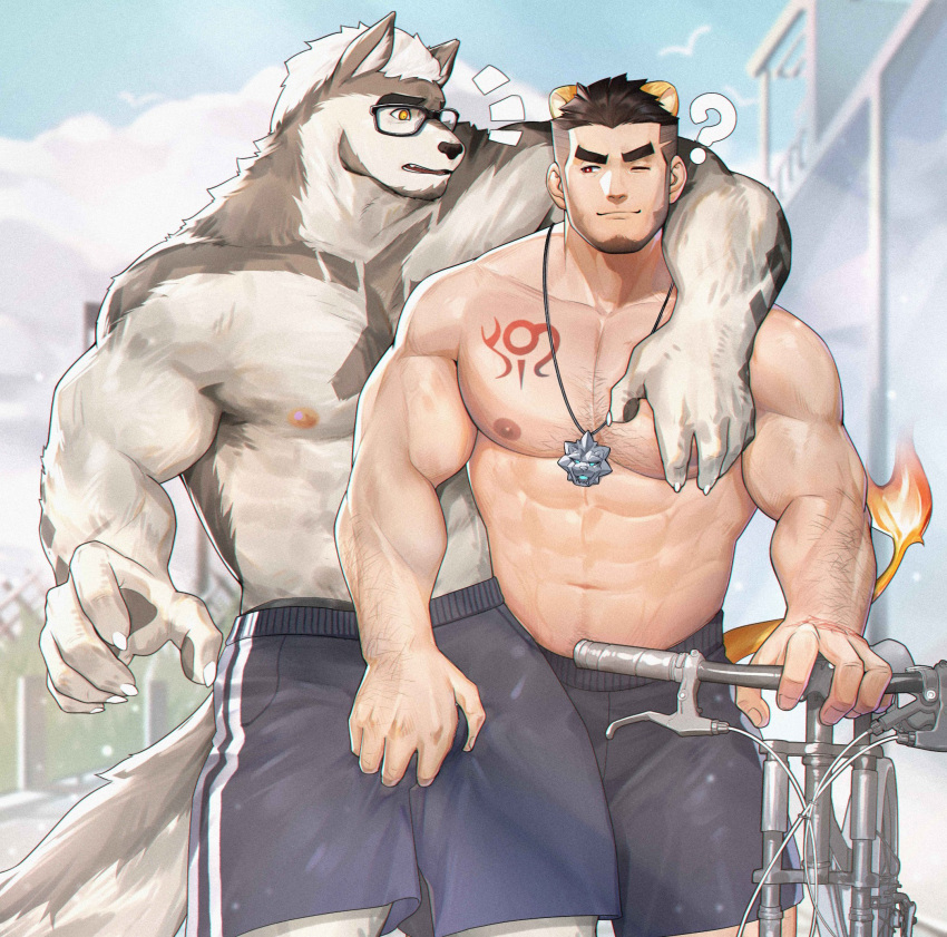 2boys ? abs alca animal_ears arm_hair bara beard bicycle black_hair black_shorts chest_hair commission couple crotch_grab dog_boy dog_ears extra_ears facial_hair furry furry_with_non-furry grabbing ground_vehicle gyee gym_uniform highres interspecies jewelry large_pectorals lion_boy lion_ears lion_tail male_focus mature_male multiple_boys muscular muscular_male navel necklace nipples one_eye_closed original pectoral_grab pectorals peterhl shirtless short_hair shorts sportswear stomach tail thick_eyebrows thighs undercut yaoi
