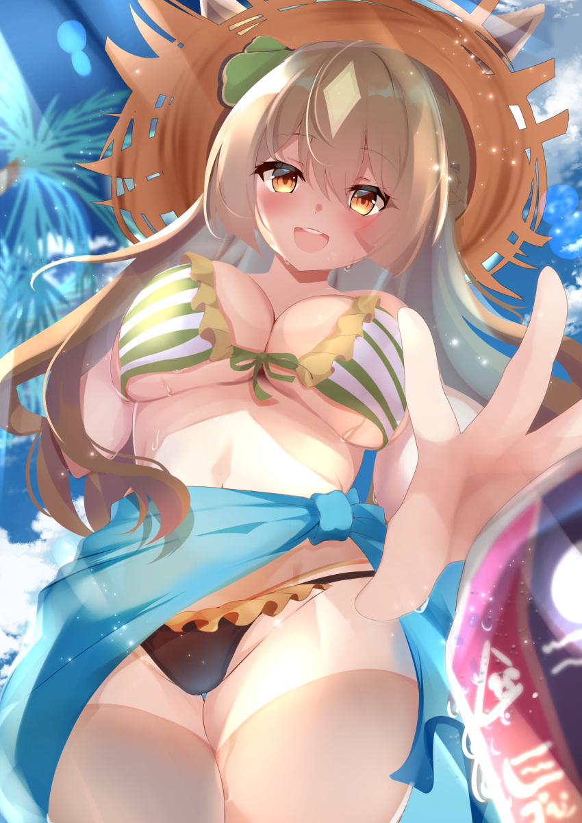 1girl :d absurdres bangs beach bikini black_bikini blue_jacket blue_sky breasts brown_eyes brown_hair can cleavage clothes_around_waist cloud commentary_request day eyebrows_visible_through_hair frilled_bikini frills hair_ribbon hat highres jacket jacket_around_waist large_breasts lens_flare long_hair mismatched_bikini moneko1107 navel open_mouth outdoors palm_tree reaching ribbon satono_diamond see-through_legwear sky smile soda_can solo straw_hat striped striped_bikini sun_hat swimsuit thighhighs thighs tree umamusume underboob upper_teeth