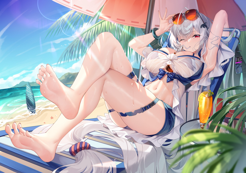 1girl ;o adjusting_eyewear arknights arm_up armpits bangs bare_shoulders barefoot beach beach_chair beach_umbrella bracelet breasts chinese_commentary choker cleavage commentary_request crossed_legs drink eyewear_on_head feet hair_between_eyes hair_ornament highres jewelry large_breasts long_hair looking_at_viewer meion navel official_alternate_costume on_chair one_eye_closed orca_hair_ornament outdoors plant red_eyes shirt short_shorts shorts silver_hair sitting skadi_(arknights) skadi_(waverider)_(arknights) skindentation solo stomach sunglasses sunlight surfboard swimsuit thigh_strap thighs toned tropical_drink umbrella very_long_hair wet white_shirt