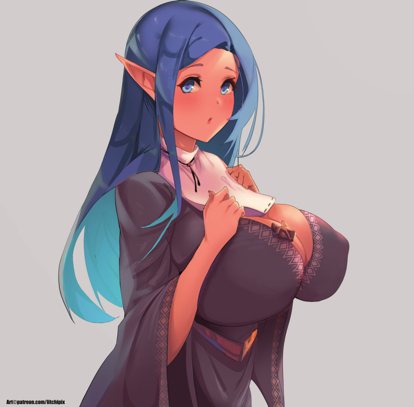 1girl blue_eyes blue_hair blush breasts colored_skin covered_nipples elf english_commentary grey_background habit highres huge_breasts litchipix long_hair looking_at_viewer nun original pink_skin plunging_neckline pointy_ears solo standing upper_body wide_sleeves