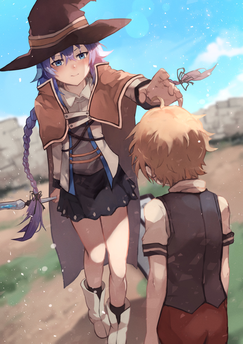 1boy 1girl absurdres arm_behind_back blonde_hair blue_hair blue_sky blurry blurry_background blush boots braid brick_wall brown_cape cape cloud depth_of_field green_eyes hair_between_eyes hat highres huge_filesize long_braid mage_staff mushoku_tensei outstretched_hand roxy_migurdia rudeus_greyrat shizu_(shizuillust) skirt sky smile white_footwear witch_hat