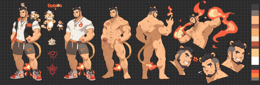 1boy abs absurdres alca animal_ears ass bara beard black_hair bulge character_doll character_profile chest_hair chest_tattoo collage commission completely_nude erection expressions extra_ears facial_hair fiery_tail flaming_hand full_body grey_shorts gyee highres jacket jewelry large_pectorals leg_hair lion_boy lion_ears lion_tail looking_at_viewer male_focus male_pubic_hair mature_male multiple_views muscular muscular_male navel navel_hair necklace nipples nude open_clothes open_jacket original pectorals penis pubic_hair scar_on_back shirt shoes short_hair shorts sleeveless sleeveless_jacket smile smirk sneakers stomach tail tattoo thick_eyebrows thick_thighs thighs uncensored undercut veins veiny_penis white_shirt zixiong_zix