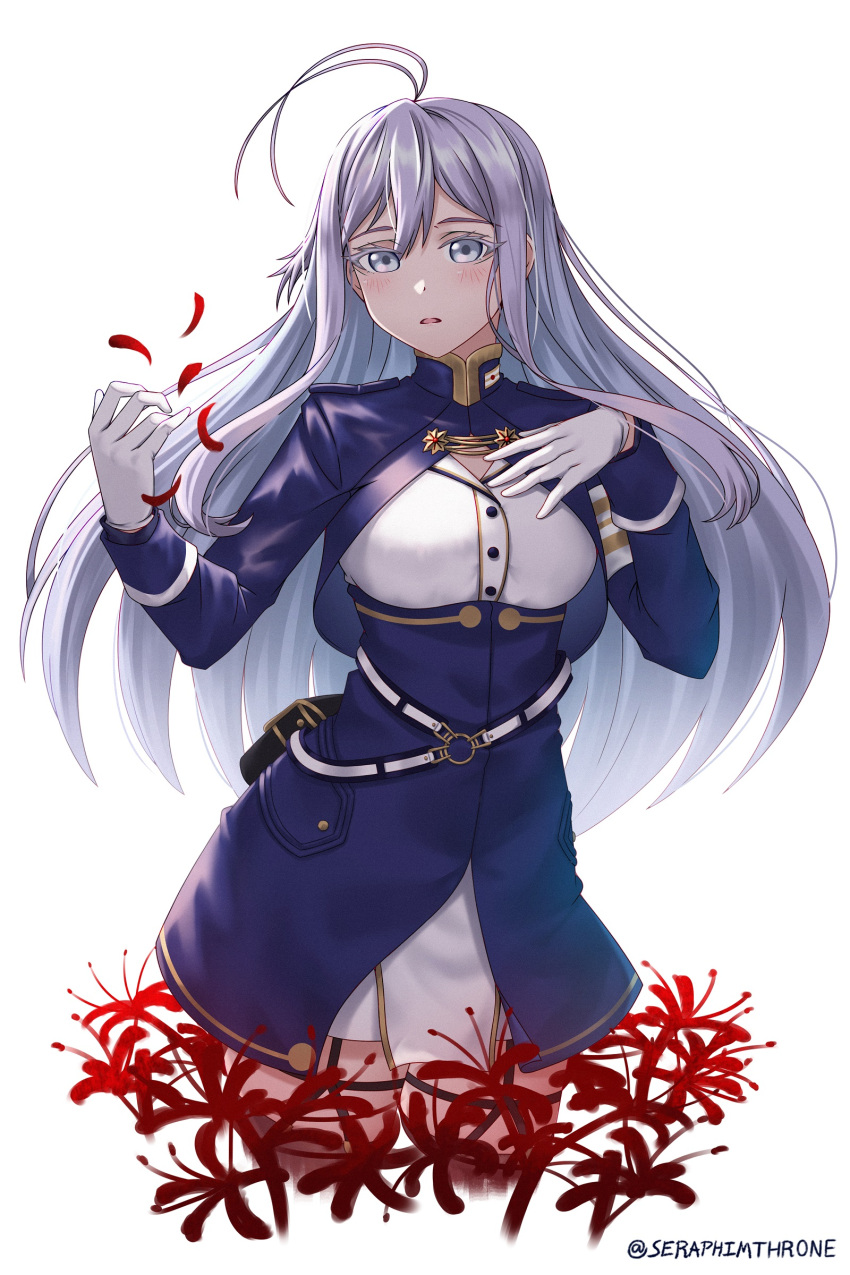 1girl 86_-eightysix- absurdres ahoge bangs belt belt_pouch blush cowboy_shot flower garter_straps gloves hair_between_eyes hand_on_own_chest hand_up highres long_hair military military_uniform parted_lips petals pouch red_flower seraphim_throne signature silver_eyes silver_hair simple_background solo thighhighs uniform vladilena_millize white_background white_gloves