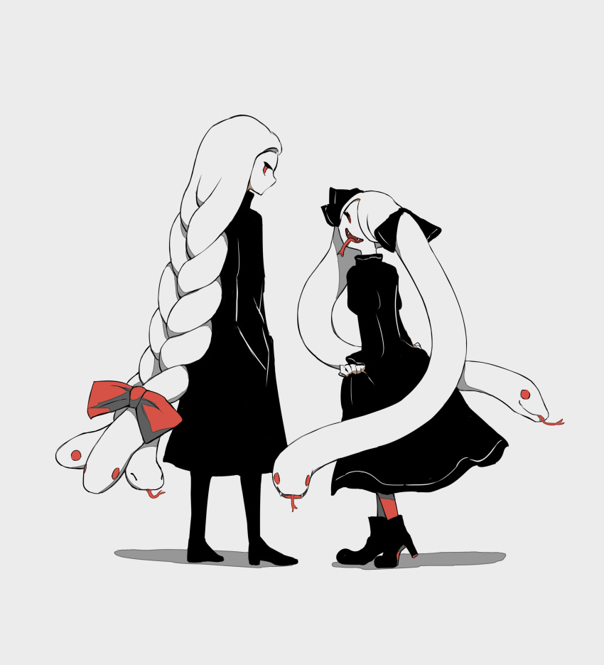 2girls :d absurdres avogado6 black_bow black_dress black_footwear bow braid closed_eyes commentary dress english_commentary facing_back facing_viewer fangs forked_tongue from_behind gorgon hair_bow hands_in_pockets high_heels highres long_hair long_sleeves looking_at_viewer looking_back multiple_girls no_mouth open_mouth original red_bow red_eyes simple_background single_braid smile snake_hair standing tongue tongue_out twintails very_long_hair white_background white_hair