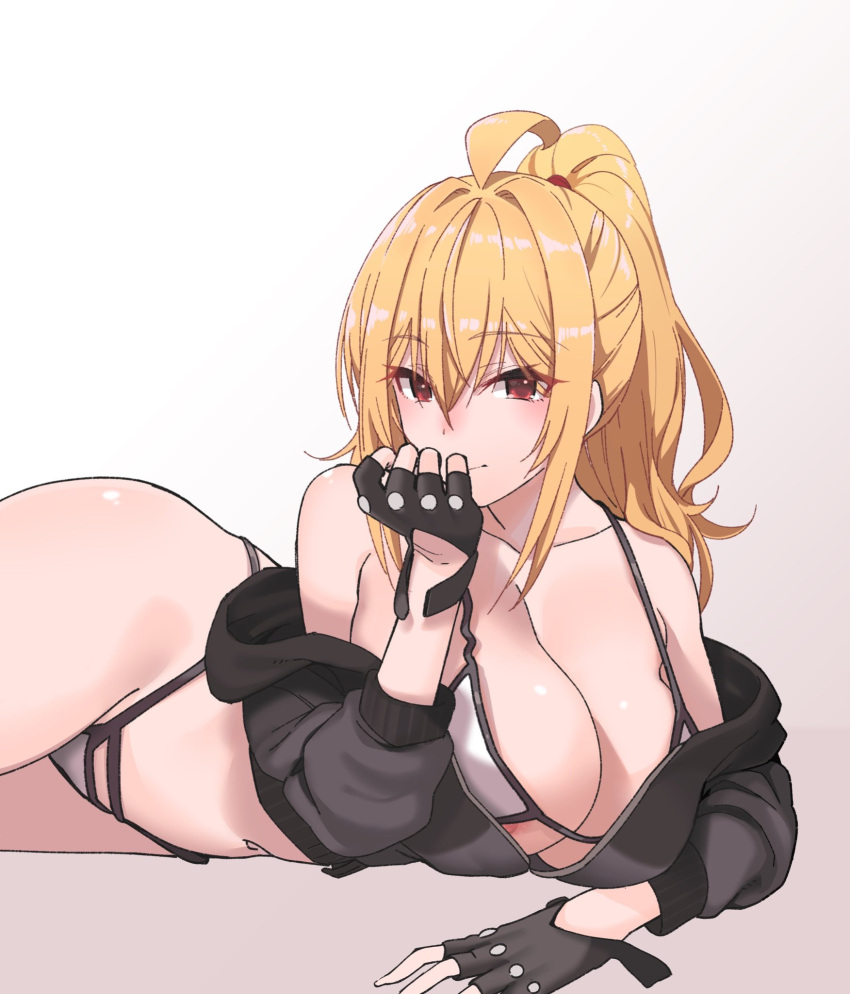 1girl ahoge bangs bare_shoulders bikini black_gloves black_jacket blonde_hair blush borrowed_character breasts brown_eyes cleavage collarbone fingerless_gloves gloves haruichi highleg highleg_bikini highres huge_breasts jacket long_hair long_sleeves looking_at_viewer lying nipple_slip nipples off_shoulder on_stomach open_clothes open_jacket original ponytail saaya_(kirome) smile solo swimsuit white_bikini