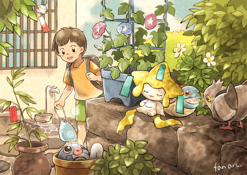 1boy backpack bag brown_bag brown_hair bubble chimecho commentary_request faucet flower_pot gen_1_pokemon gen_3_pokemon gen_5_pokemon green_shorts holding jirachi leaf male_focus matsuri_(matsuike) mythical_pokemon open_mouth pidove plant pokemon pokemon_(creature) poliwag potted_plant shirt short_hair short_sleeves shorts smile squirtle standing stone_wall t-shirt themed_object upper_teeth wall watering_can