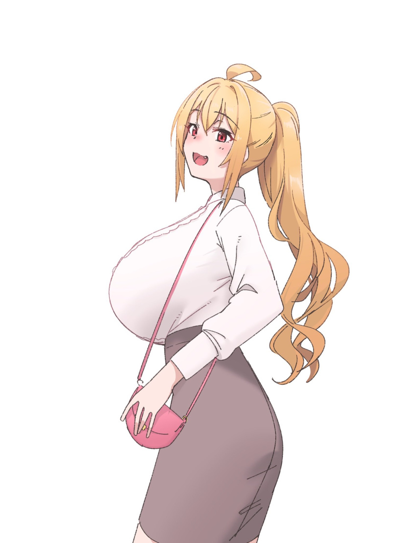 1girl ahoge ass bangs blonde_hair blush borrowed_character breasts brown_eyes fang grey_skirt haruichi high-waist_skirt highres huge_breasts long_hair long_sleeves looking_at_viewer open_mouth original ponytail saaya_(kirome) shirt skirt smile solo white_shirt