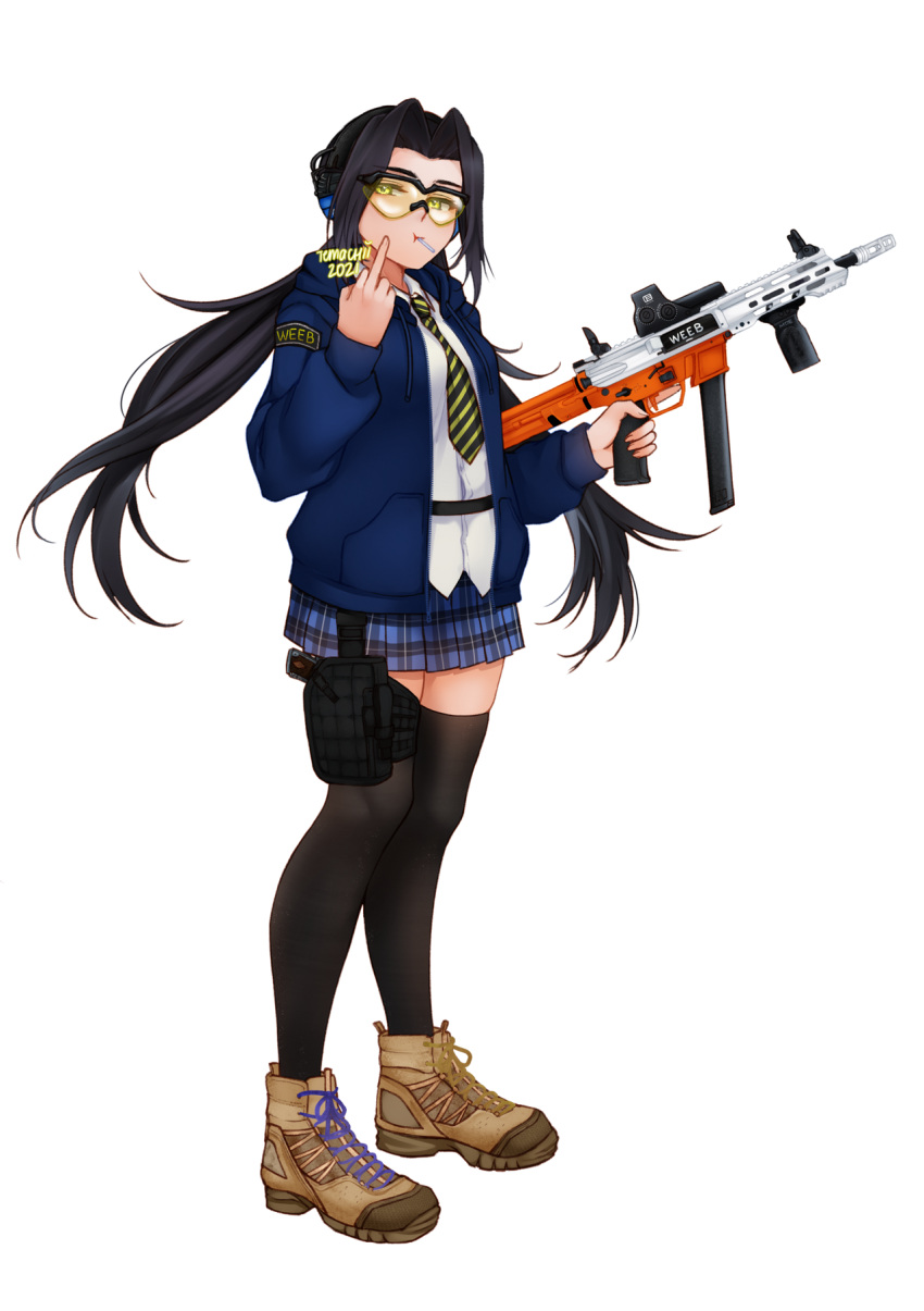 1girl :t ankle_boots artist_name assault_rifle black_hair black_legwear blue_jacket blue_skirt boots brown_footwear closed_mouth commission cross-laced_footwear dagger dated full_body goggles gun hand_up handgun highres holding holding_gun holding_weapon holster jacket knife looking_at_viewer middle_finger miniskirt mouth_hold necktie original pistol pleated_skirt pouch rifle shirt skirt solo standing striped striped_neckwear temachii thigh_holster thighhighs transparent_background trigger_discipline untucked_shirt weapon white_shirt yellow_eyes yellow_neckwear
