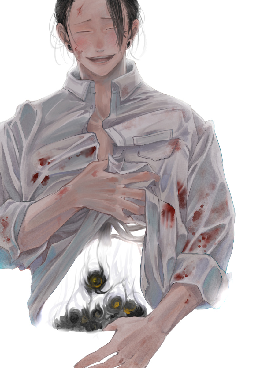 1boy absurdres bangs black_hair blood blood_on_face bloody_clothes bone closed_eyes clothes_lift collared_shirt ear_piercing getou_suguru highres jgg30ksks jujutsu_kaisen male_focus messy_hair open_mouth piercing shirt shirt_lift short_hair simple_background sleeves_rolled_up smile solo upper_body white_background white_shirt